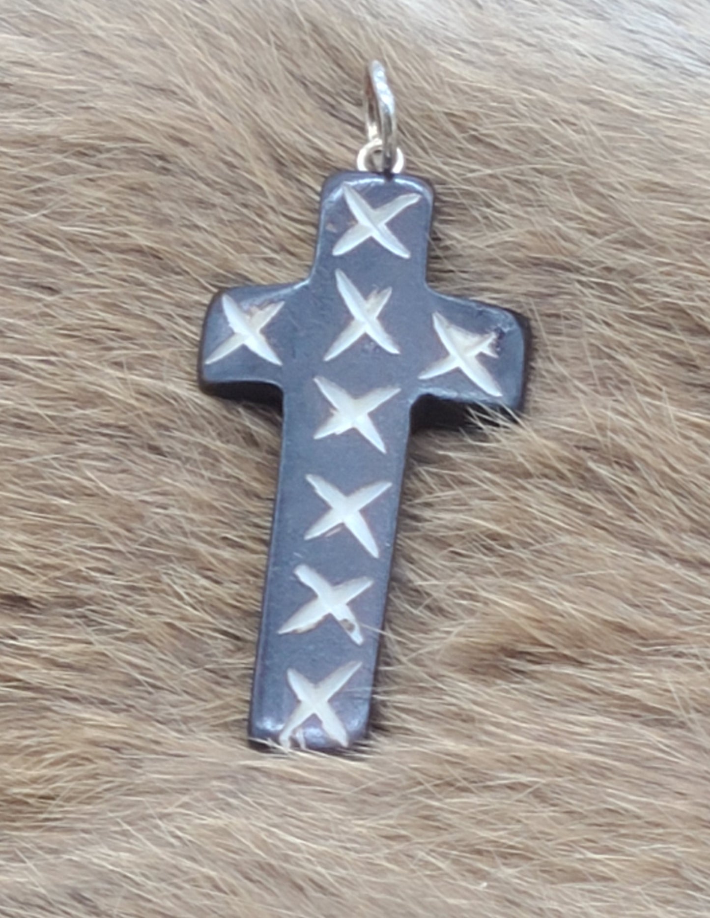 Buffalo Horn Cross Pendant, Hand Crafted, 1 5/8" x 3/4"