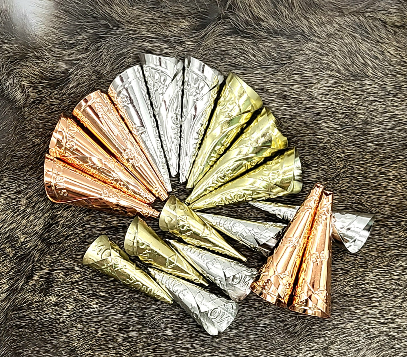 Rolled Jingle Cones, Jingle Dress, Copper, Gold, or Silver, Adult and Youth, for Jingle Dresses and Regalia 2.75" - 1.75", Indigenous, decorations