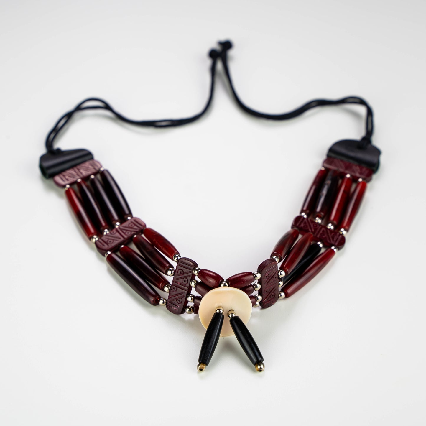 Authentic Cow Bone 4 Row Choker, 15-17" with Leather Tie Straps, Shell Medallion and Black Buffalo Hair Pies, Steel Beads, Indigenous Made
