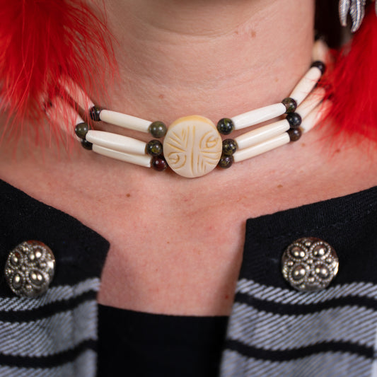 Authentic, Cow bone and Dragon Blood Stone Choker, 14-17" Leather Tie straps, Indigenous Made