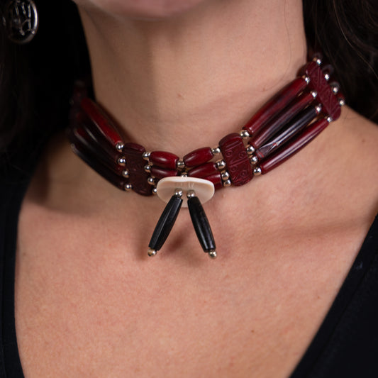 Authentic Cow Bone 4 Row Choker, 15-17" with Leather Tie Straps, Shell Medallion and Black Buffalo Hair Pies, Steel Beads, Indigenous Made