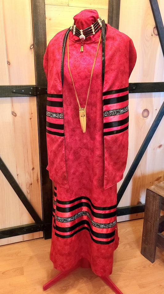 Red Ribbon Dress, 3 piece; Ribbon Dress, Satin Shawl, Choker, Indigenous Made, L'nu,