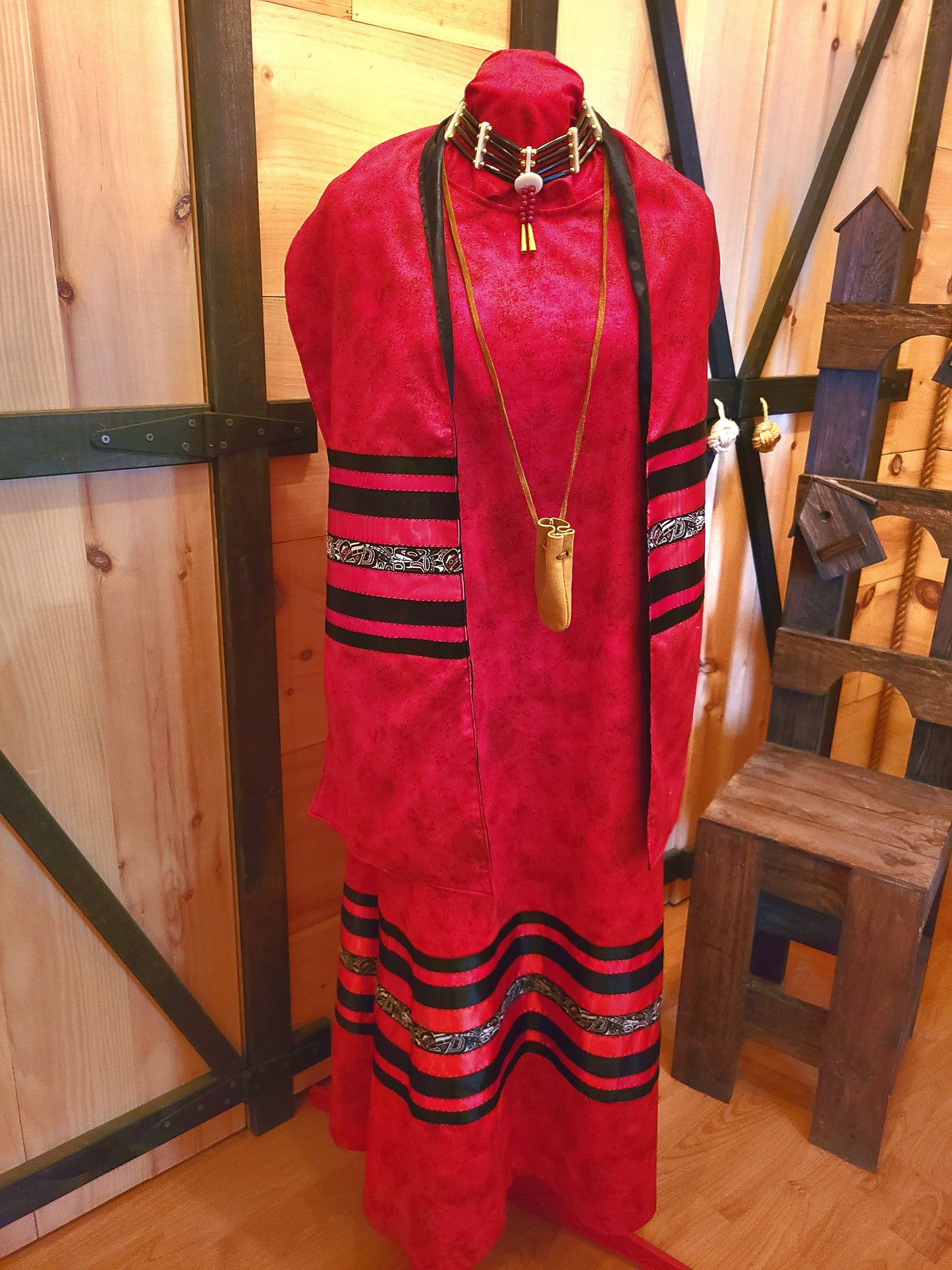 Red Ribbon Dress, 3 piece; Ribbon Dress, Satin Shawl, Choker, Indigenous Made, L'nu,