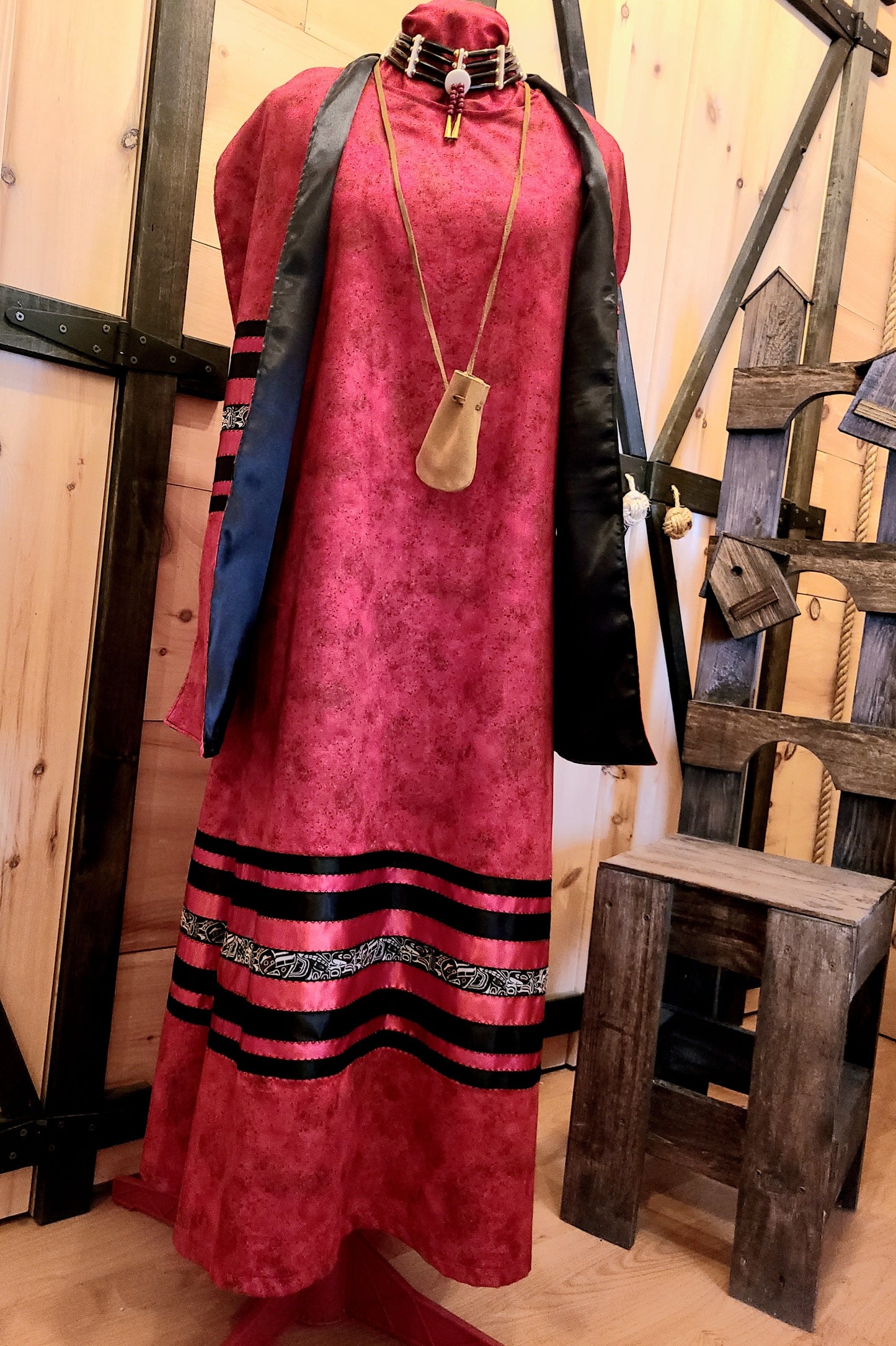 Red Ribbon Dress, 3 piece; Ribbon Dress, Satin Shawl, Choker, Indigenous Made, L'nu,