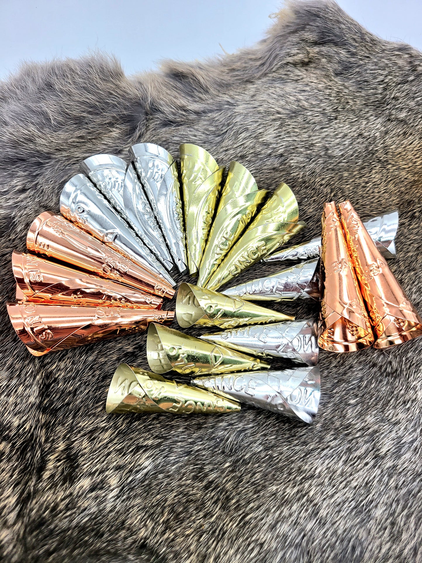 Rolled Jingle Cones, Jingle Dress, Copper, Gold, or Silver, Adult and Youth, for Jingle Dresses and Regalia 2.75" - 1.75", Indigenous, decorations