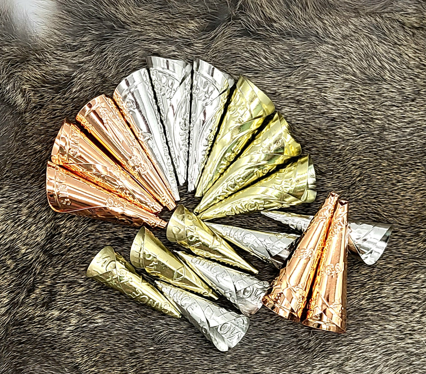 Rolled Jingle Cones, Jingle Dress, Copper, Gold, or Silver, Adult and Youth, for Jingle Dresses and Regalia 2.75" - 1.75", Indigenous, decorations