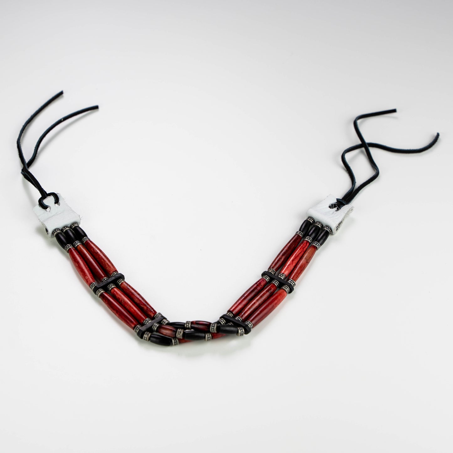 Choker, 18" adjustable, Black Buffalo Horn, Pipe Stone Red Beads, Metal Spacers, Adjustable Leather tie, Indigenous made