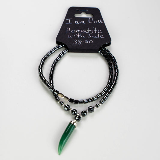 Hematite Beaded Necklace 18" or custom adjustable clasp, choice of Jade Pendant, Turtle, Bear, or Thunderbird.