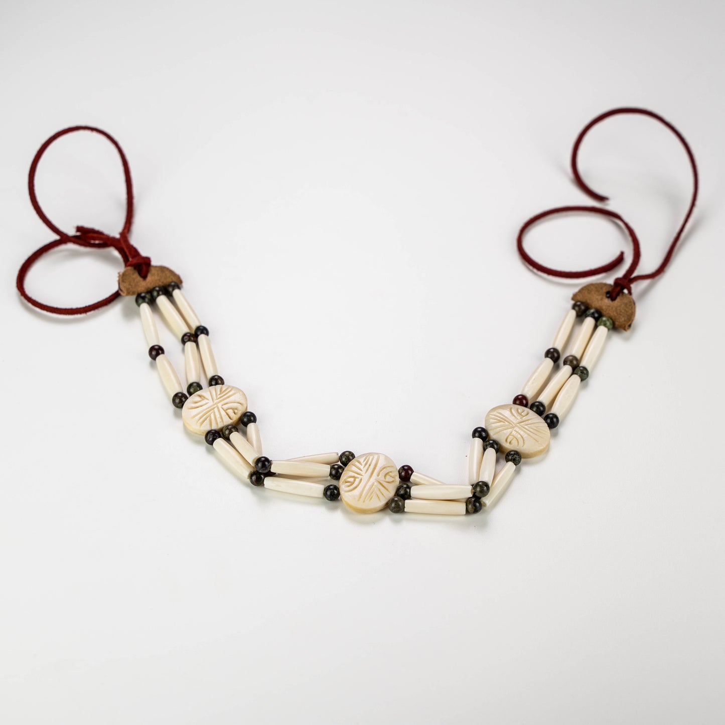 Authentic, Cow bone and Dragon Blood Stone Choker, 14-17" Leather Tie straps, Indigenous Made