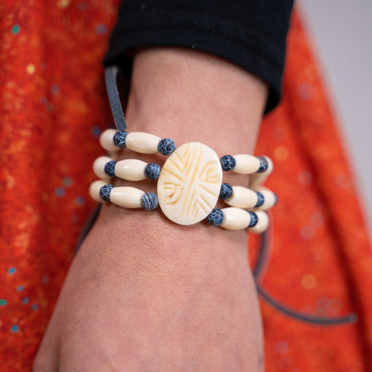 Authentic, Cow Bone, 6-7" 3 Strand Bracelet, Indigenous Made, Weathered Blue Sand Stone accent beads, Leather Tie,