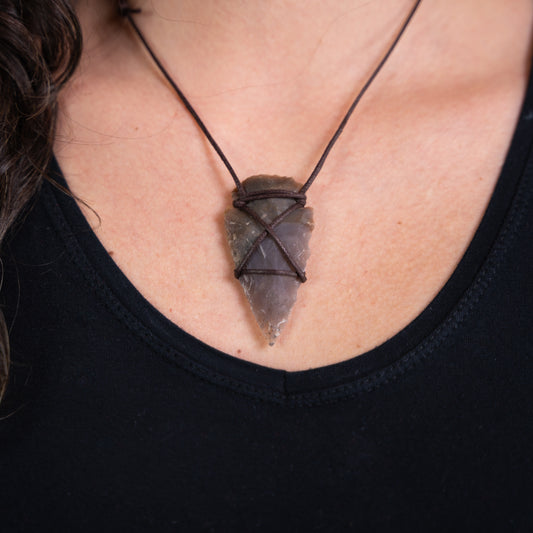 Hand Carved Agate Arrowhead Necklace on Adjustable genuine leather or synthetic cord, Indigenous made