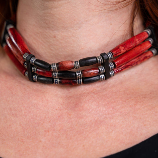 Choker, 18" adjustable, Black Buffalo Horn, Pipe Stone Red Beads, Metal Spacers, Adjustable Leather tie, Indigenous made