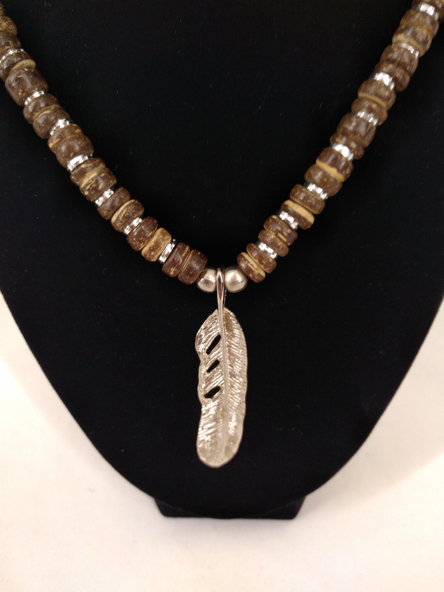 Feather Beaded Necklace, Wood, Metal, Screw Clasp, 18"