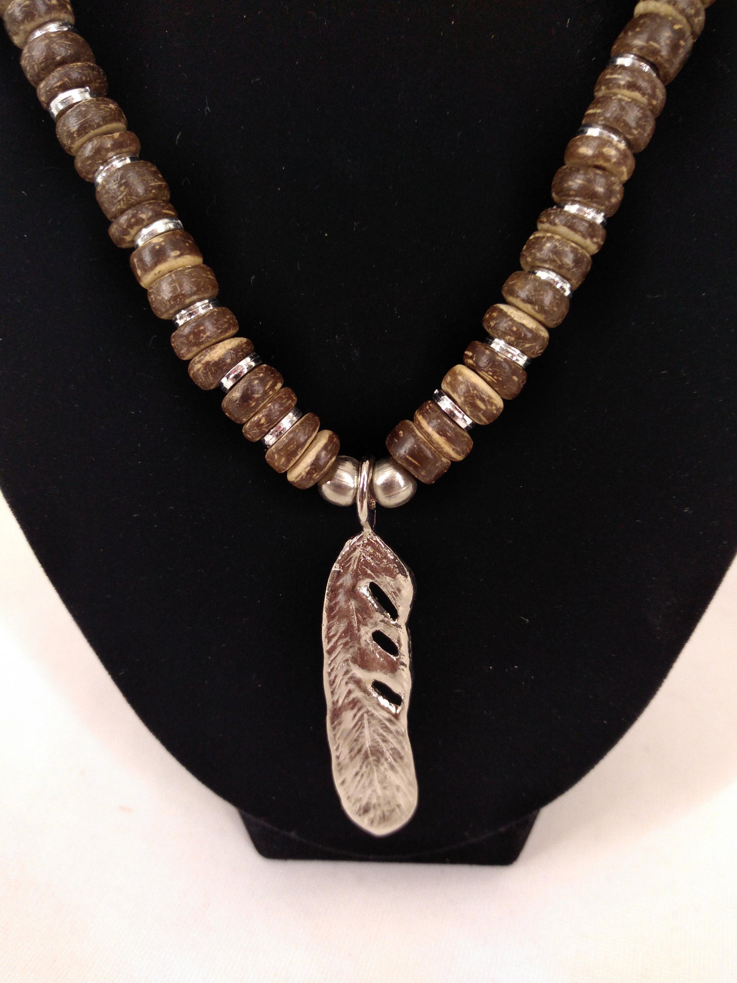 Feather Beaded Necklace, Wood, Metal, Screw Clasp, 18"