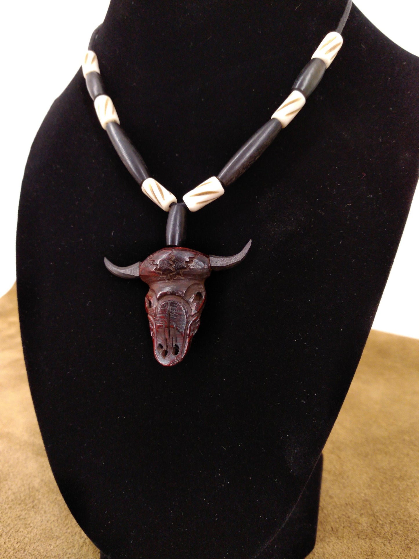 Cow Bone and Black Buffalo Horn skull Necklace, Hand Carved, Hand Crafted