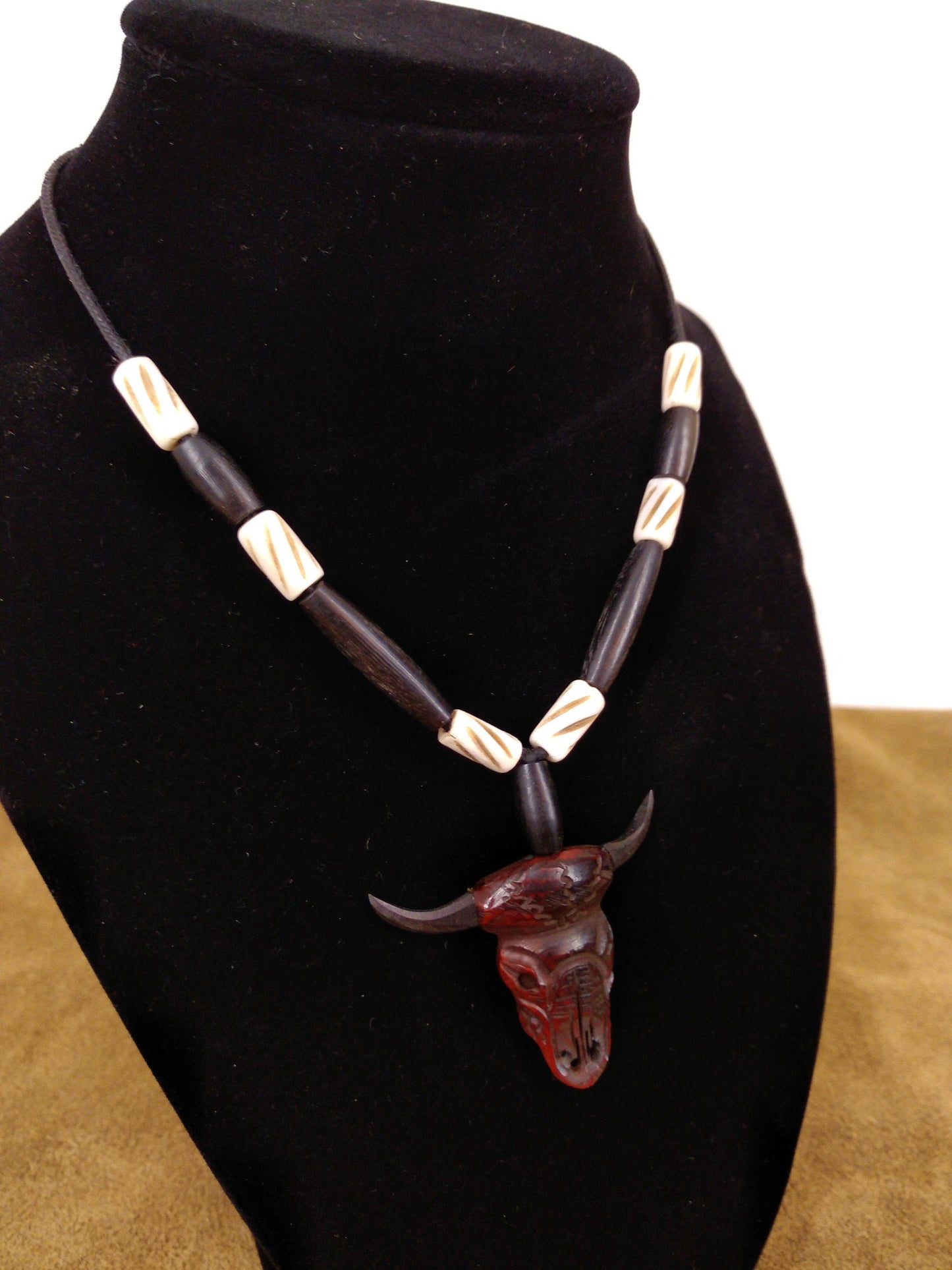 Cow Bone and Black Buffalo Horn skull Necklace, Hand Carved, Hand Crafted