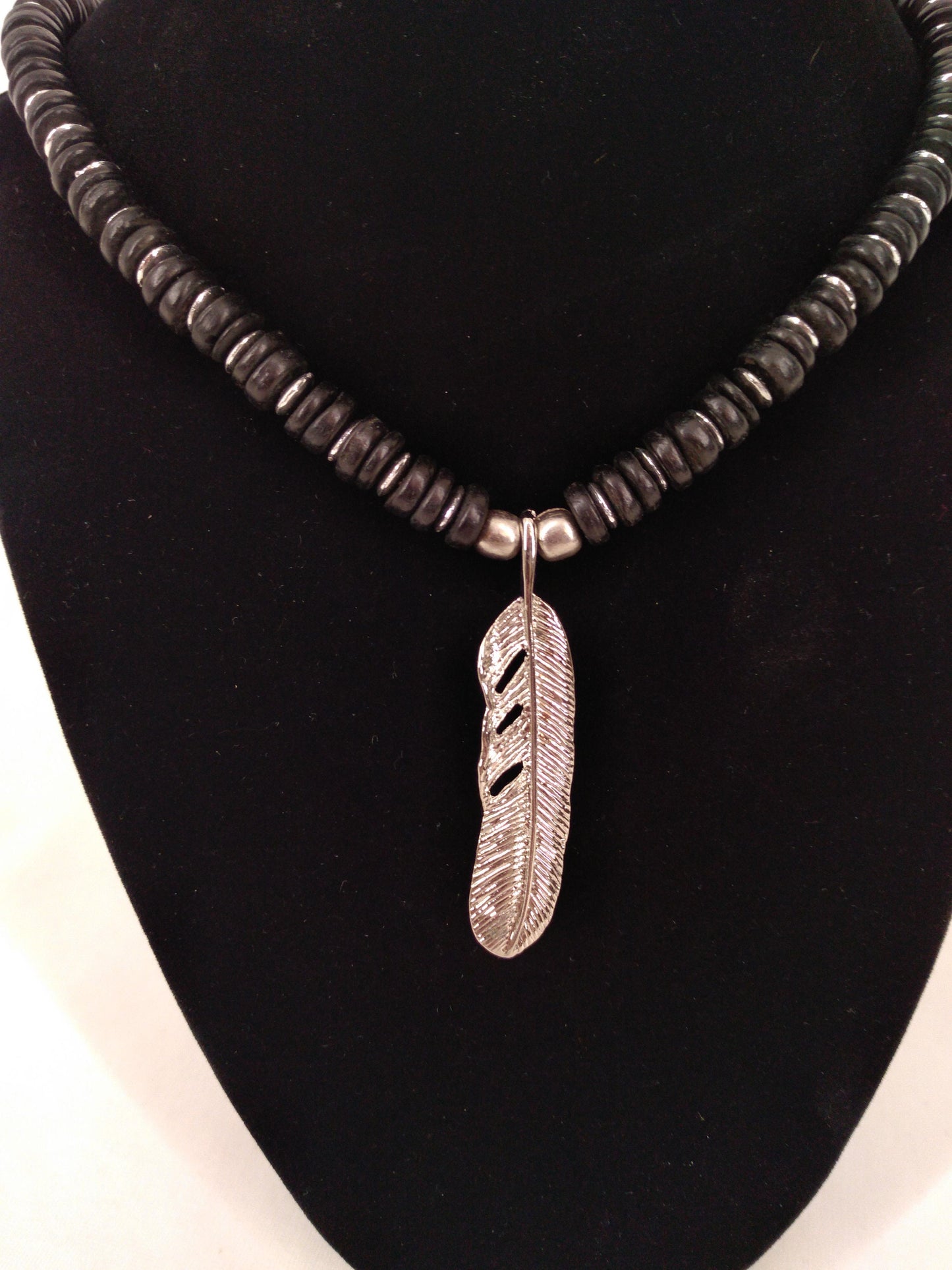 Feather Beaded Necklace, Wood, Metal, Screw Clasp, 18"