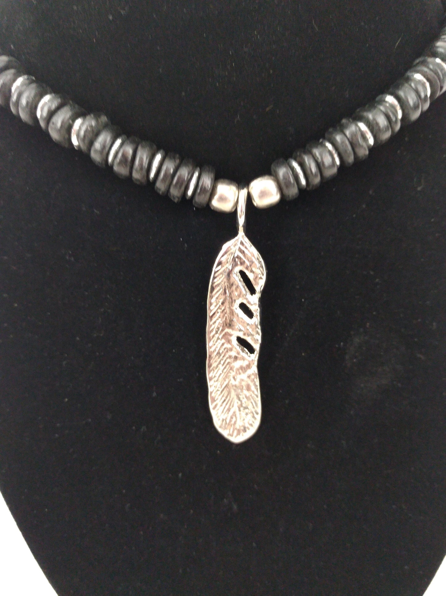 Feather Beaded Necklace, Wood, Metal, Screw Clasp, 18"