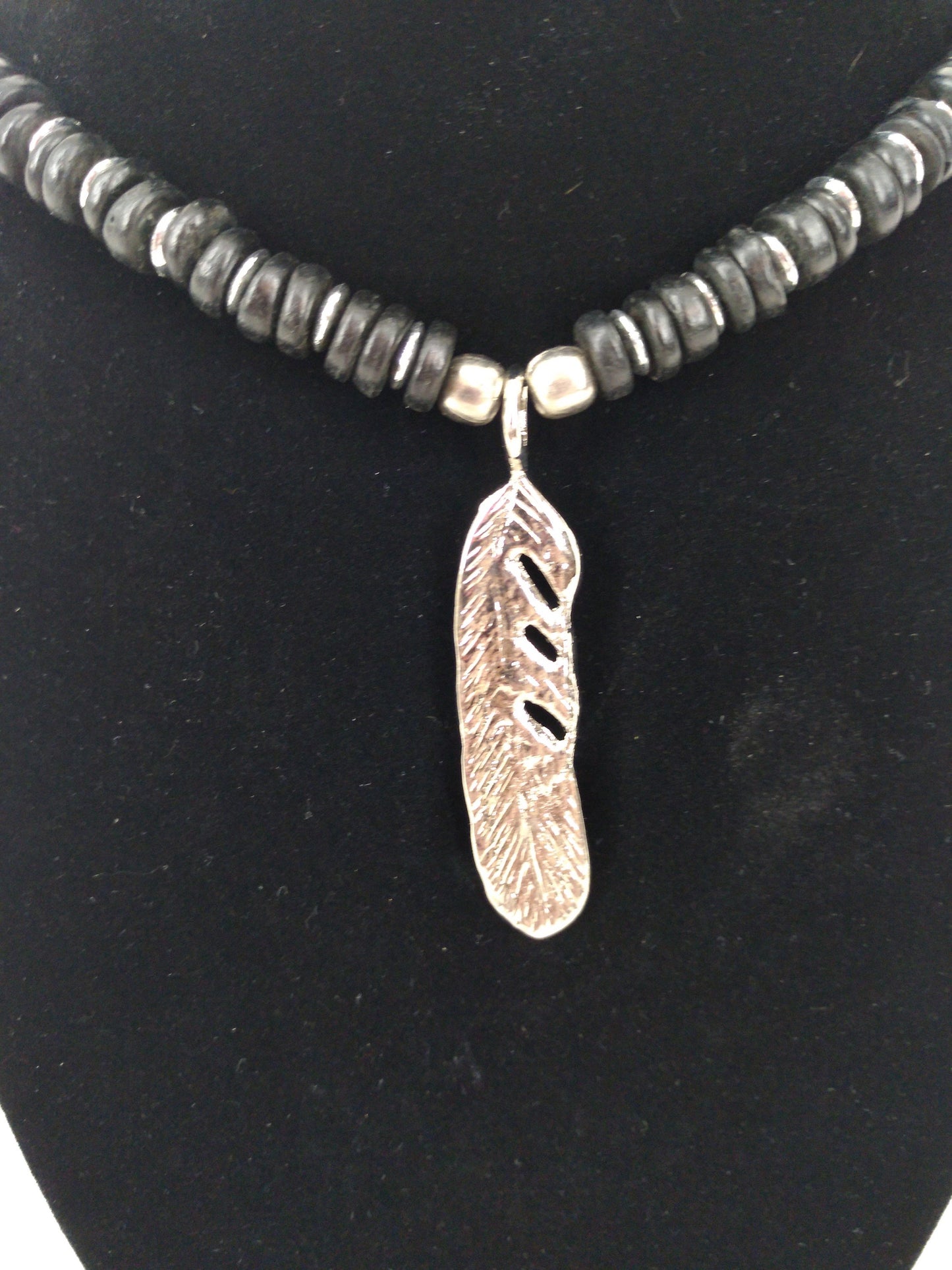 Feather Beaded Necklace, Wood, Metal, Screw Clasp, 18"