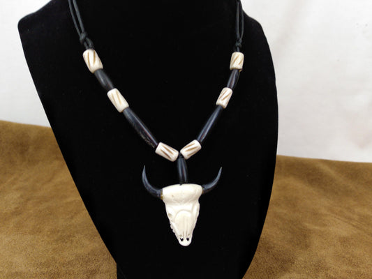 Cow Bone and Black Buffalo Horn skull Necklace, Hand Carved, Hand Crafted