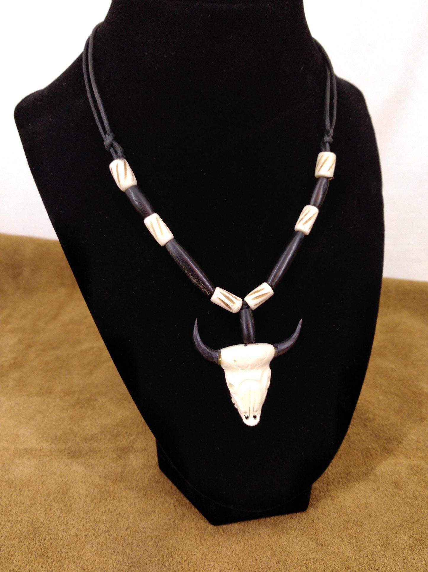 Cow Bone and Black Buffalo Horn skull Necklace, Hand Carved, Hand Crafted