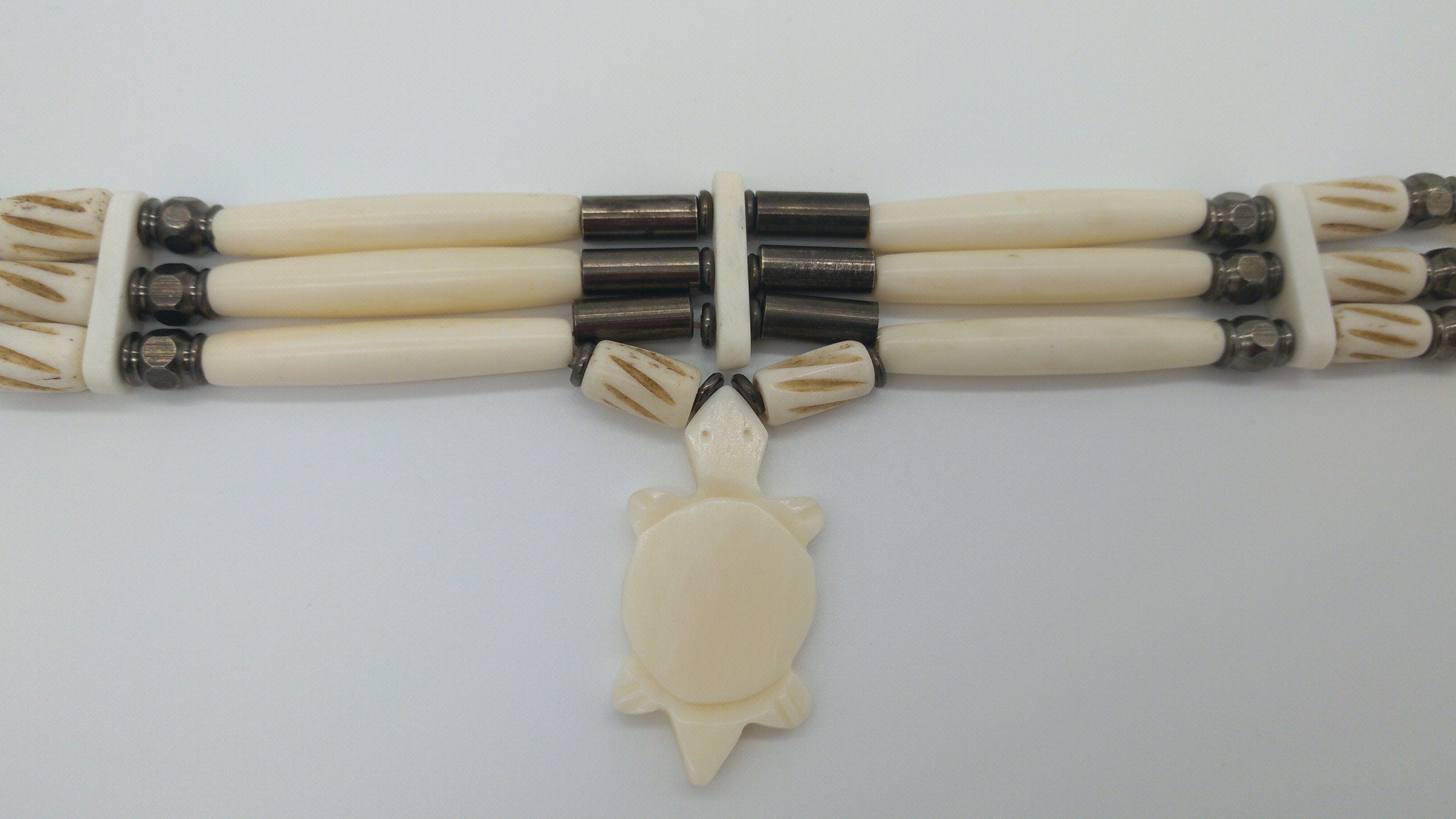 Turtle Bear or Wolf Cow Bone Choker Hand crafted Bone Beads Indigenous Made