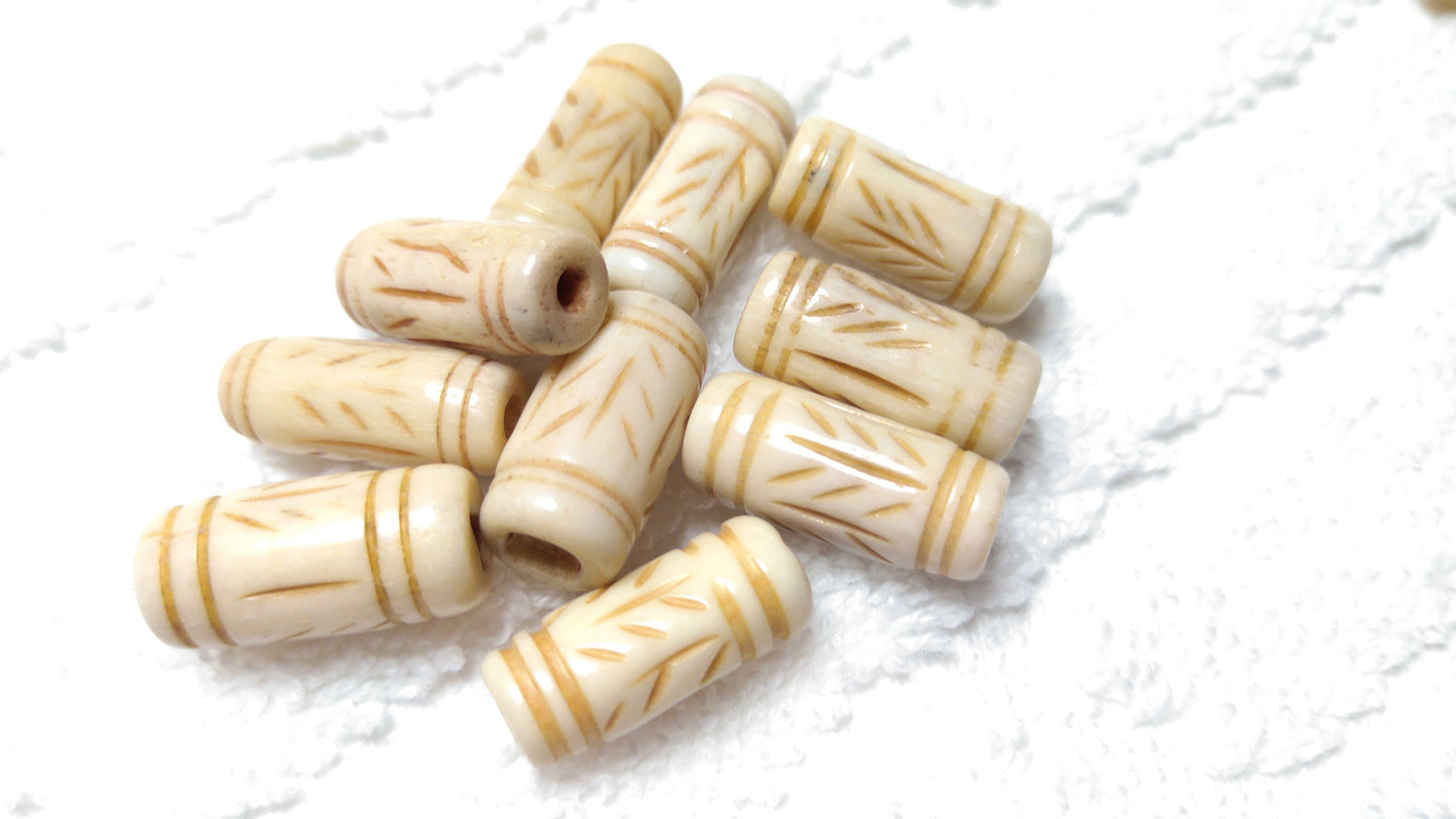 Antiqued Cow Bone Hand Carved Tube Beads, Hair Pipes set of 10. 1/2",3/4" and 1" individual designs for Necklaces, Chokers, Bracelets and Regalia