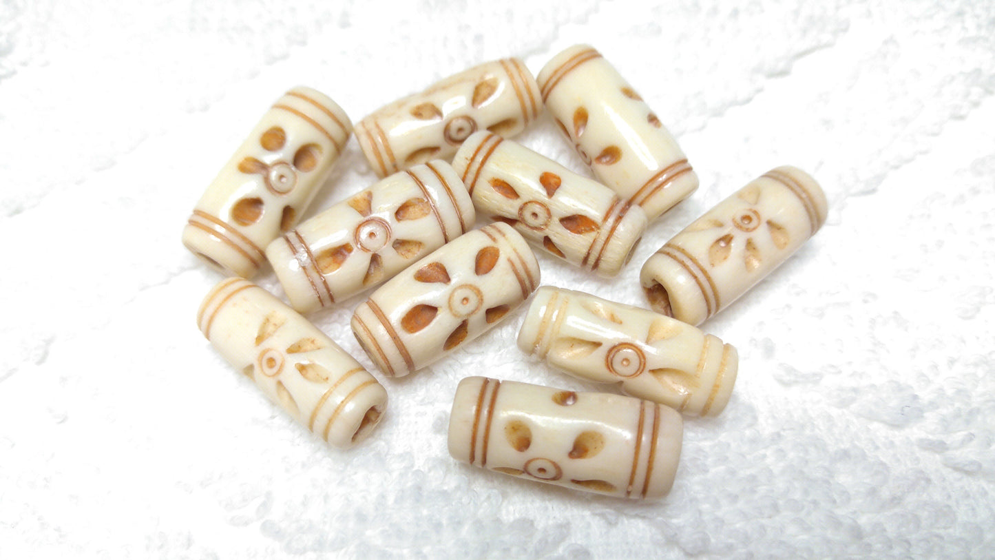 Antiqued Cow Bone Hand Carved Tube Beads, Hair Pipes set of 10. 1/2",3/4" and 1" individual designs for Necklaces, Chokers, Bracelets and Regalia