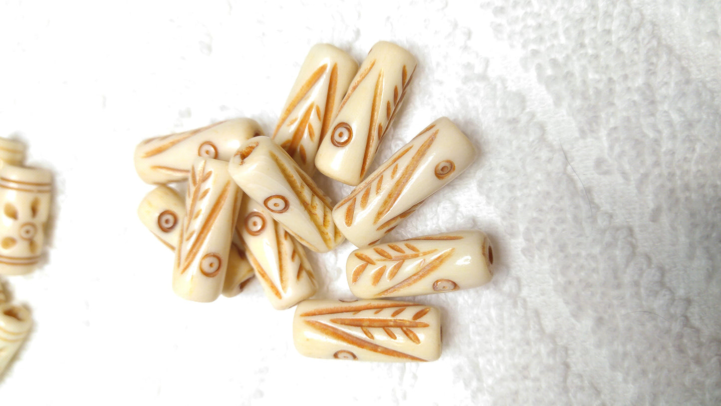 Antiqued Cow Bone Hand Carved Tube Beads, Hair Pipes set of 10. 1/2",3/4" and 1" individual designs for Necklaces, Chokers, Bracelets and Regalia