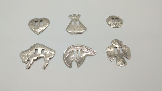 Metal Concho's for Texas Ties, Decoration, Regalia, Drums, Hair, Earrings, Jewelry, Eagle, Buffalo, Bear, Wigwam/Ti-pi, Heart, Circle