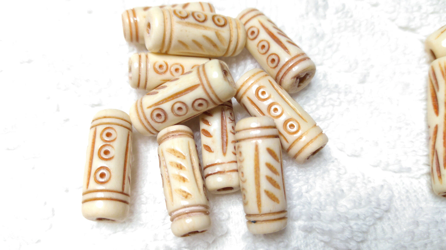 Antiqued Cow Bone Hand Carved Tube Beads, Hair Pipes set of 10. 1/2",3/4" and 1" individual designs for Necklaces, Chokers, Bracelets and Regalia