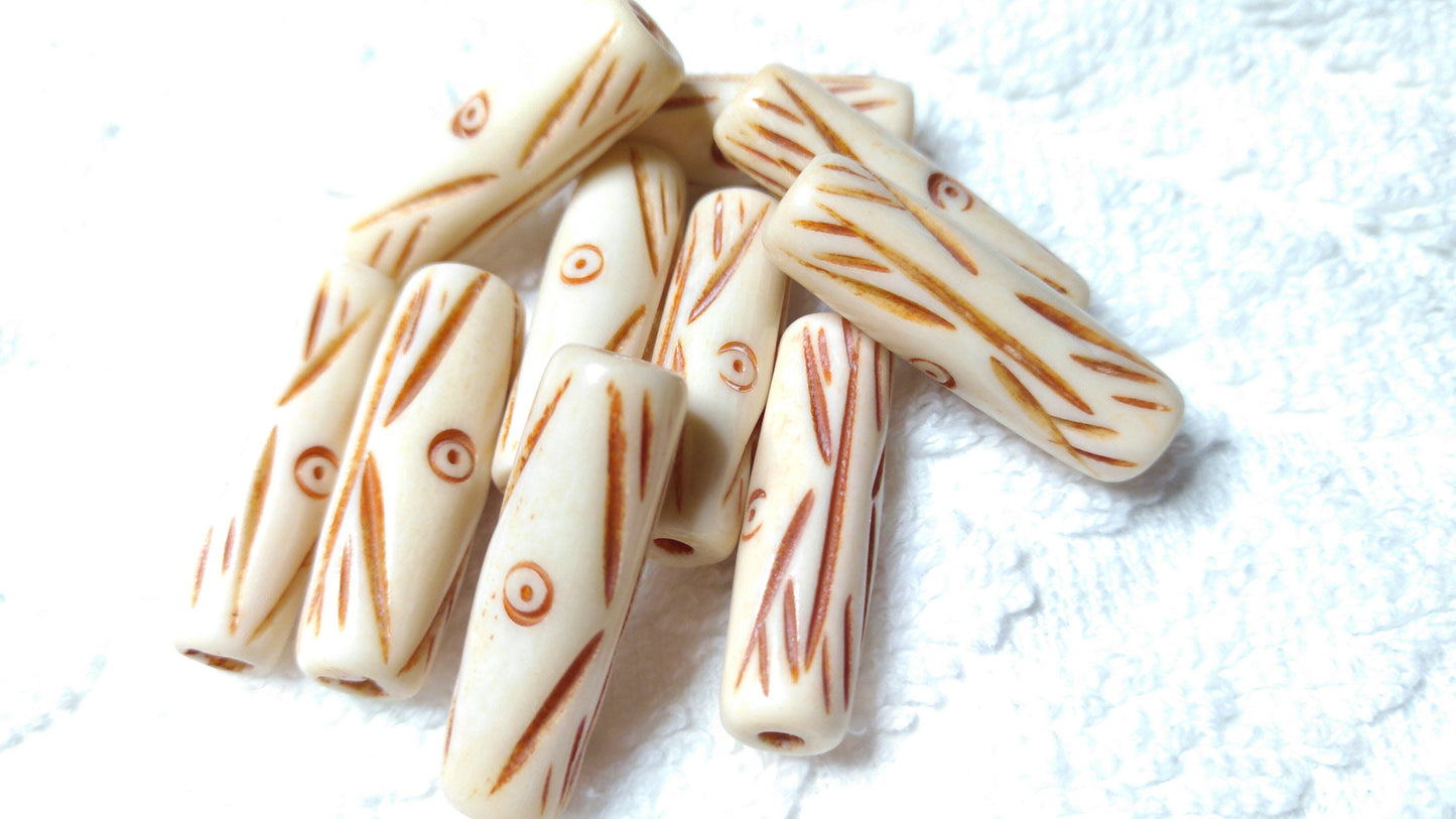 Antiqued Cow Bone Hand Carved Tube Beads, Hair Pipes set of 10. 1/2",3/4" and 1" individual designs for Necklaces, Chokers, Bracelets and Regalia