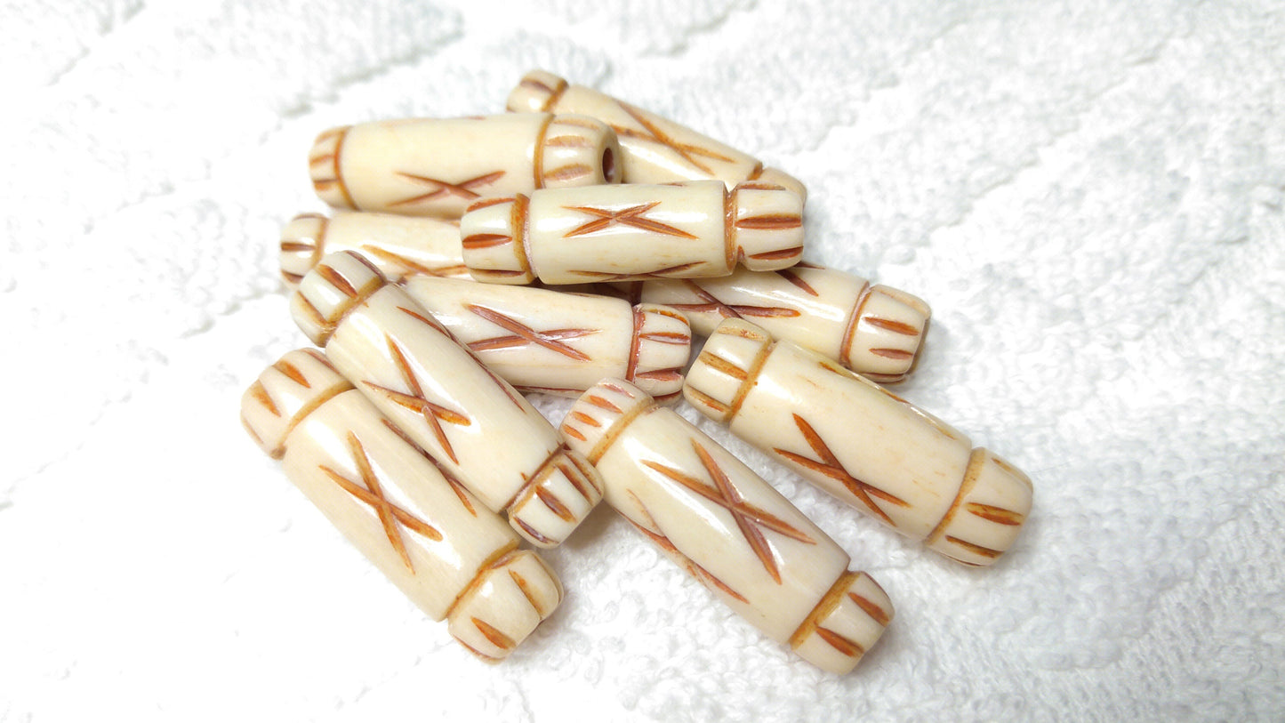 Antiqued Cow Bone Hand Carved Tube Beads, Hair Pipes set of 10. 1/2",3/4" and 1" individual designs for Necklaces, Chokers, Bracelets and Regalia